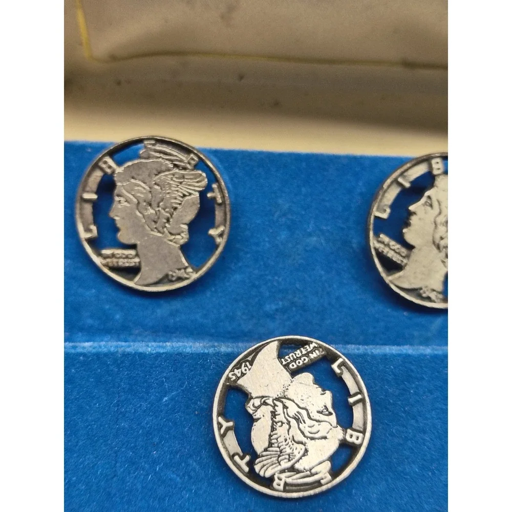 Vintage Swank Cufflinks & Tie‎ Tack Set w/ Mercury Dime Design 1945 w/ Box